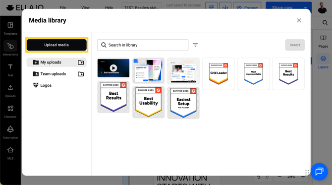 Upload button inside the Media Library modal used to add new images or videos.