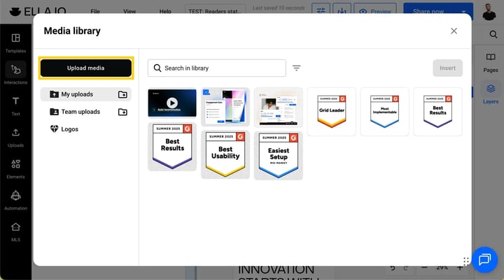 Upload button inside the Media Library modal used to add new images or videos.