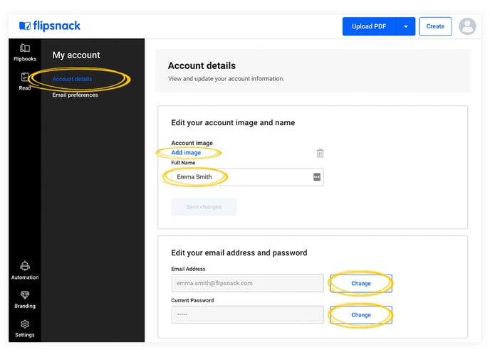 account-details-in-flipsnack-app