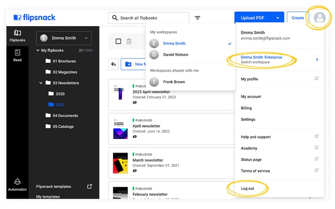 account-options-from-the-flipsnacks-main-dashboard