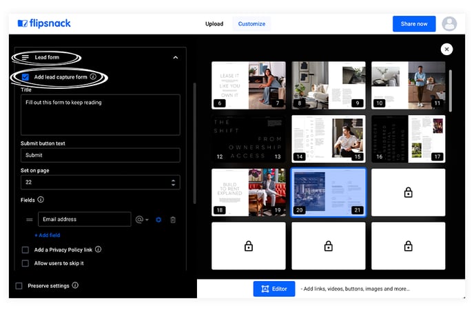 Adding a lead capture form in Flipsnack