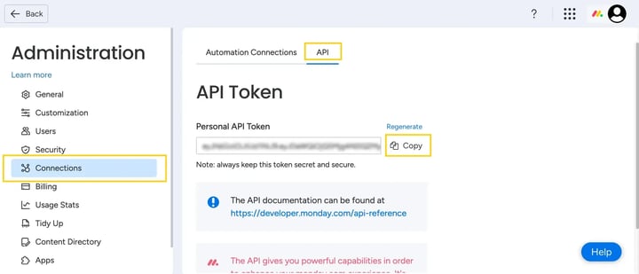Click on your avatar in the top-right, select Administration. After that go to Connections, then click on the API tab. Click Generate, then copy.