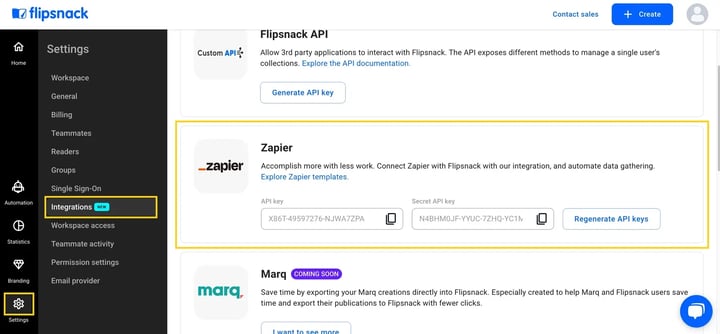 Click settings, then integrations, then locate the API key for Zapier