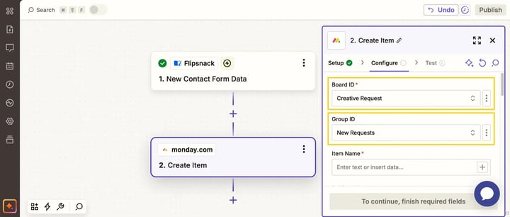 Choose the Monday.com board where you want the contact form data to be sent, then the group whitin that board.