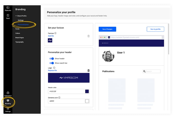 Personalization options in Flipsnack