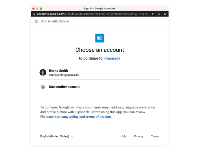 Choose a Google account to sign in to Flipsnack
