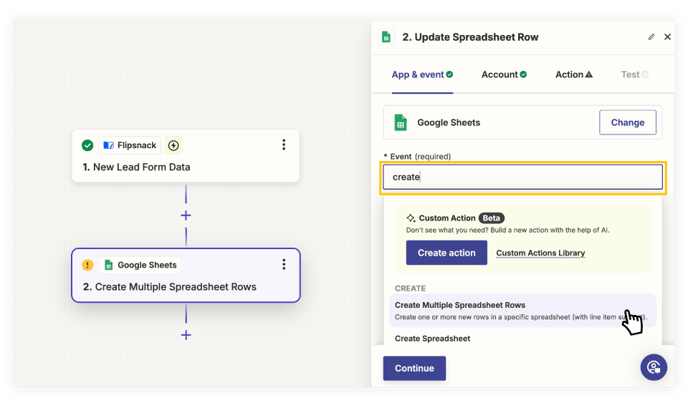 choosing-an-event-for-what-to-happen-with-the-data-transfered-from-the-lead-form-to-google-spreadsheet-in-zapier