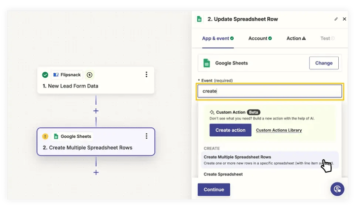 choosing-an-event-for-what-to-happen-with-the-data-transfered-from-the-lead-form-to-google-spreadsheet-in-zapier