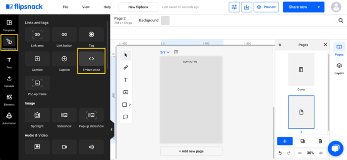 Click on the Interactions tab and then on Embed code.