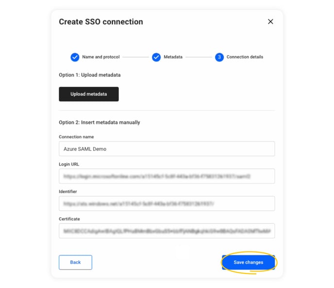 connection-details-fields-completed-after-uploading-the-metadata-and-save-changes-button-highlighted