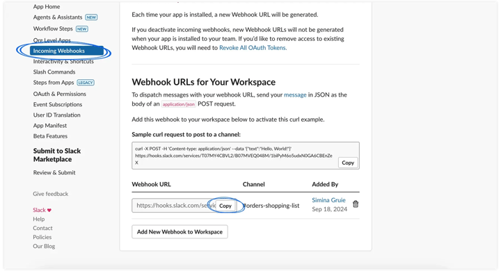 copy webhook URL