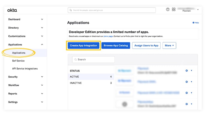 Create app integration in Okta