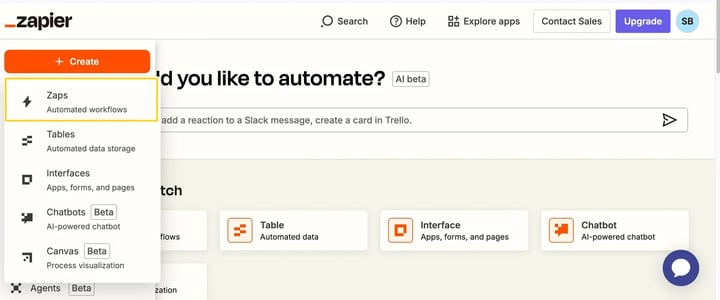 click create and select Zaps from the dropdown menu.