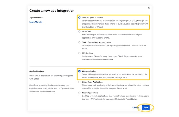 Creating web application in Okta