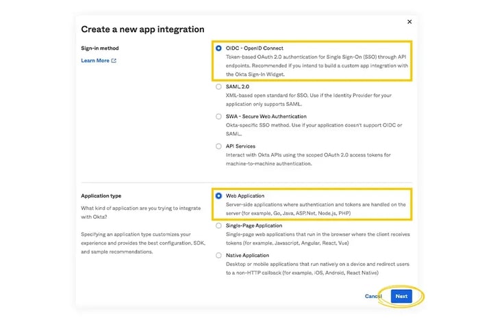 Creating web application in Okta