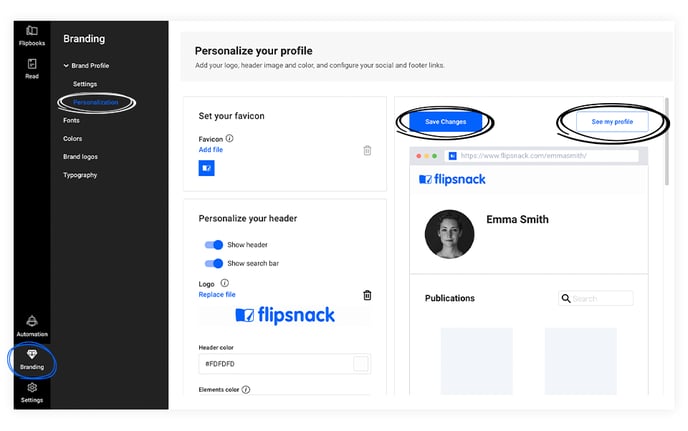 customization options for flipsnack profiles