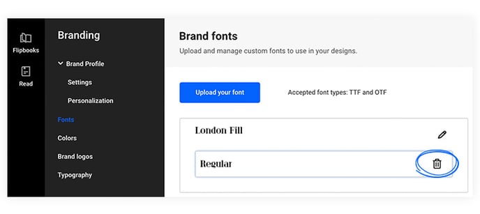 Deleting a font in Flipsnack
