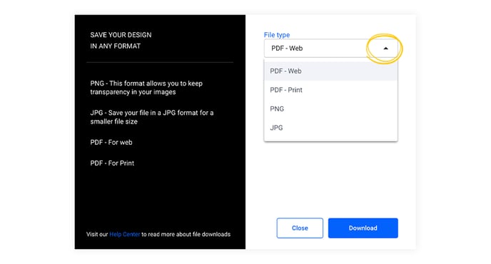 File format download options in Design Studio