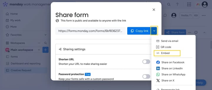 Click the dropdown menu next to the Copy Link button and select Embed.