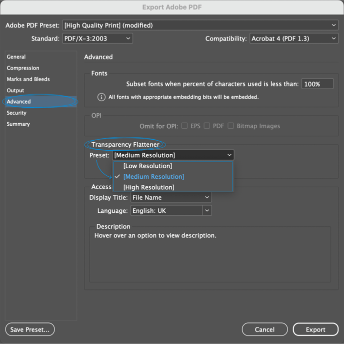 export adobe pdf - flatten options