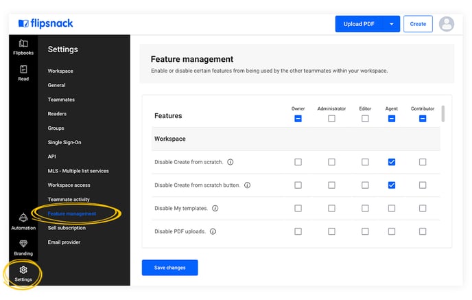 The feature management category in Flipsnack