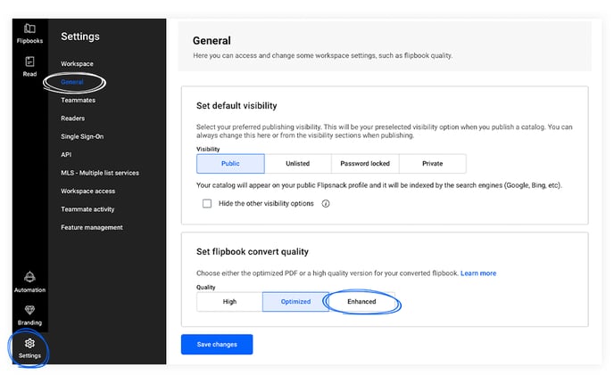 flipsnack general settings convert quality options