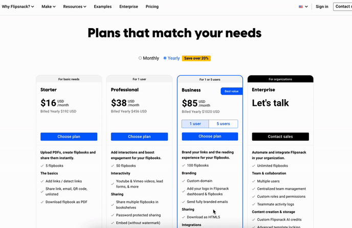 Pricing page showing four subscription tiers with a Contact sales button to book a demo.