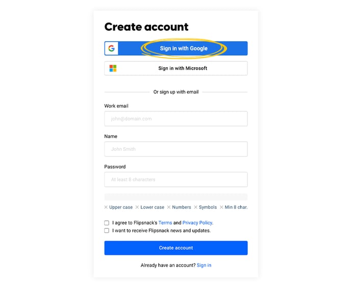 Sign in with google in flipsnack