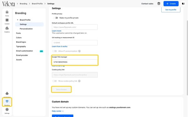 Branding, Brand Profile, Settings in Flipsnack with the Branding rail item, the Google TAG manager field and Save changes highlighted
