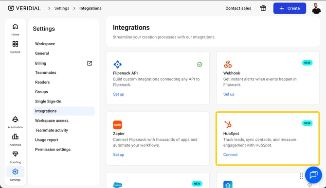 The HubSpot card in Flipsnack Settings > Integrations