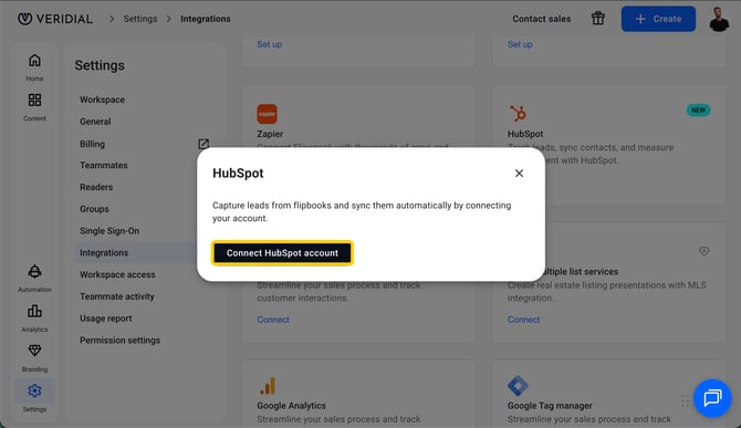 The Connect HubSpot account button in the HubSpot dialog