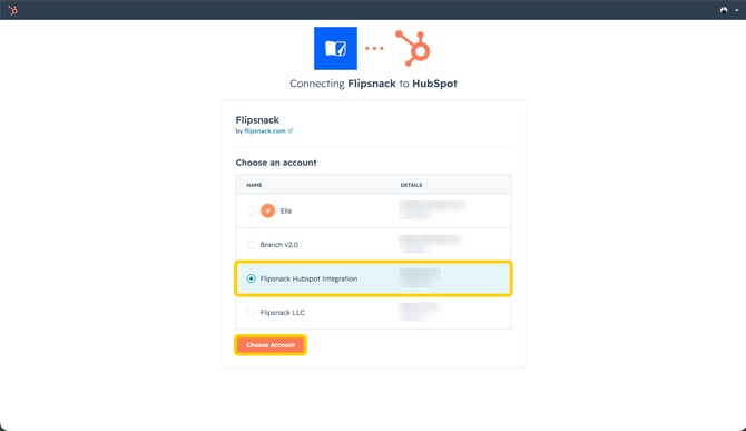 Choosing a HubSpot account to connect to Flipsnack