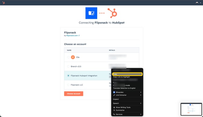 Copying the HubSpot portal ID from the account list