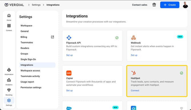 The HubSpot card showing a connected account