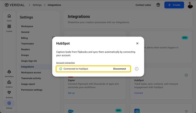 Disconnecting the HubSpot account from Flipsnack