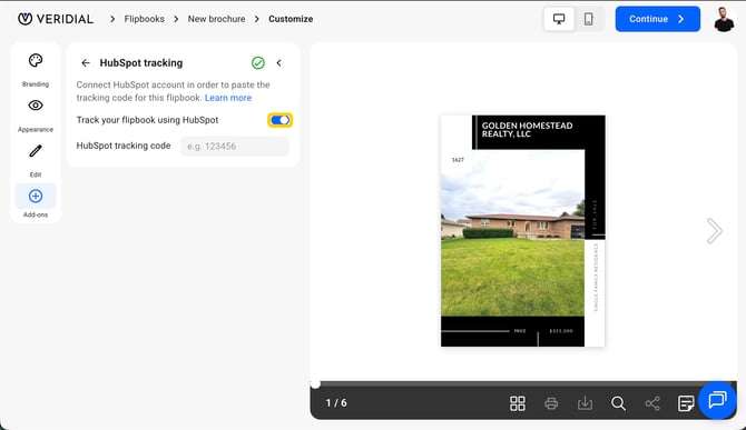 The Track your flipbook using HubSpot toggle