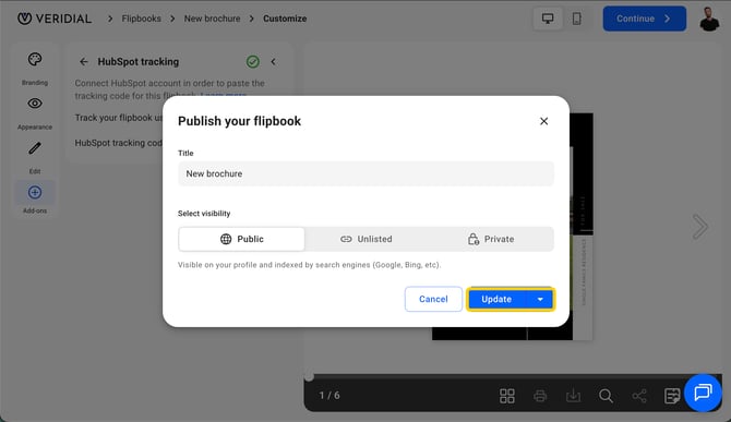 Republishing the flipbook with the Update button