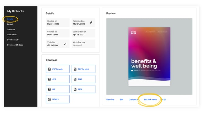 editing the link name of a flipbook