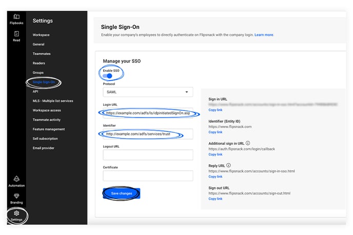 Integration between Flipsnack and ADFS SAML SSO in Flipsnack