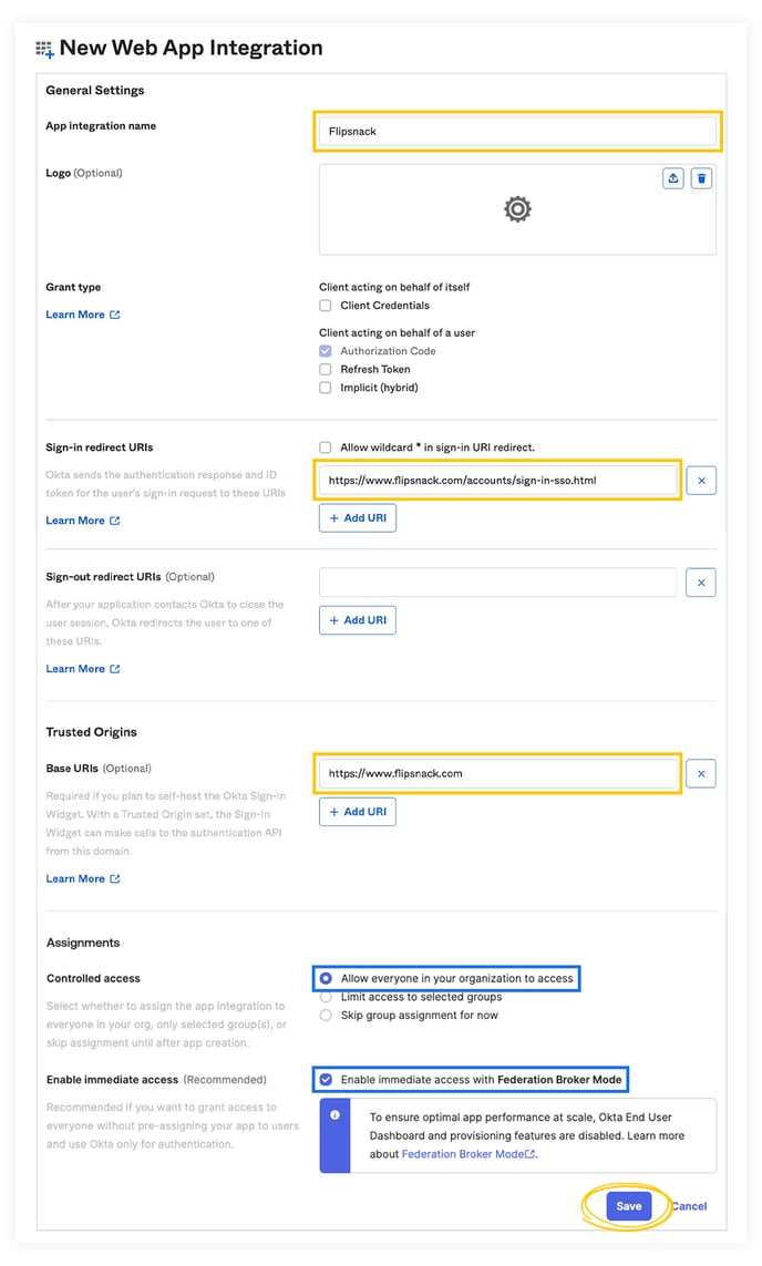 Setting a new web app integration in Okta