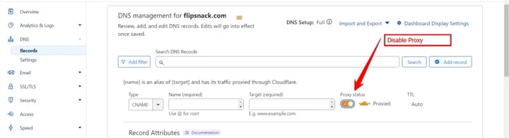 The Proxy status column in Cloudflare DNS, with the grey cloud reading DNS only