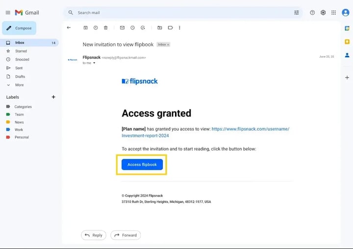 individuals will receive an email for access to view the flipbook. They will click on Access flipbook.