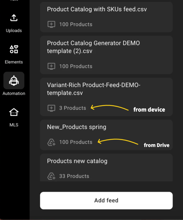 upload from Drive or device in Automation panel for sync
