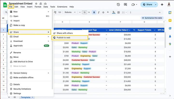 open google spreadsheets, File, then on&nbsp;Share, and lastly on&nbsp;Publish to web.