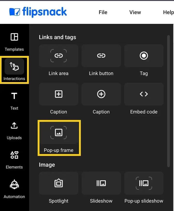 pop-up frame, from the interaction tab