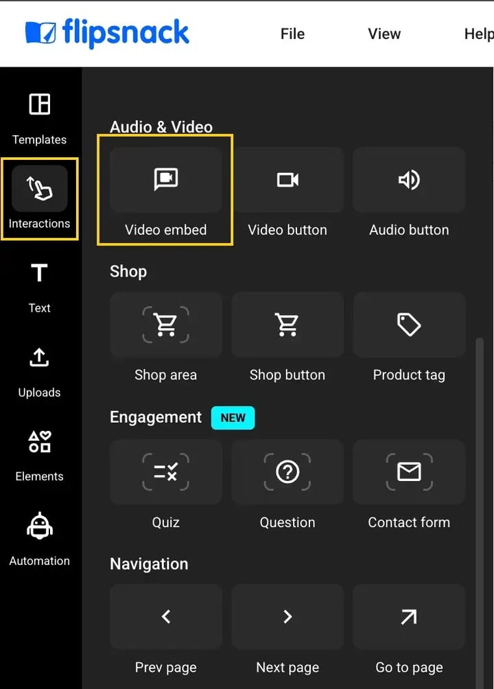 interaction tab and click on video embed