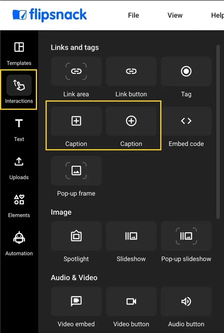 The two caption options available in Design Studio