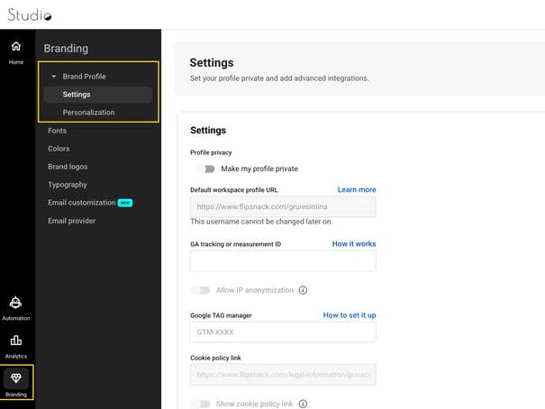 settings and personalization in branding tab