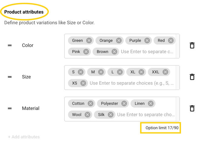 set up to 90 flexible product attributes