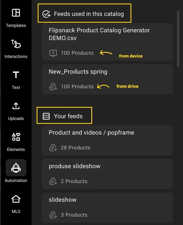 Feeds used in this catalog which shows which data sources are connected to your catalog